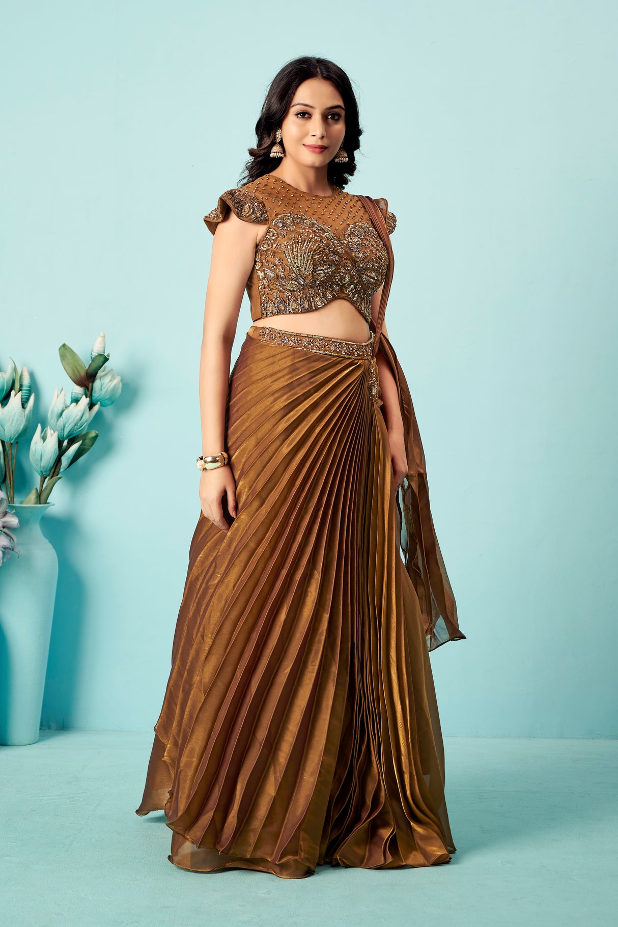 Antique Bronze Pre-Draped Saree Gown with Embellished Blouse