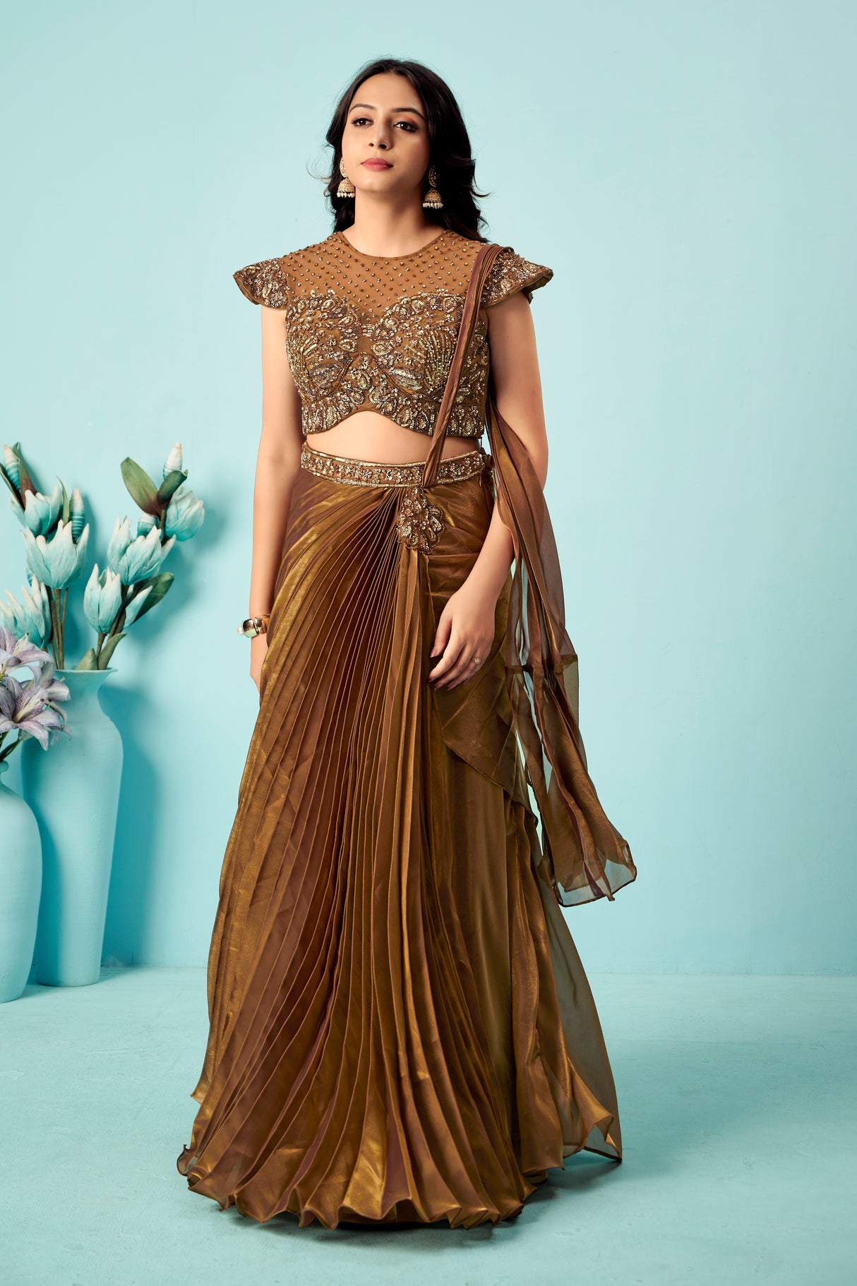 Antique Bronze Pre-Draped Saree Gown with Embellished Blouse