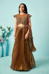 Antique Bronze Pre-Draped Saree Gown with Embellished Blouse