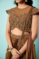 Antique Bronze Pre-Draped Saree Gown with Embellished Blouse