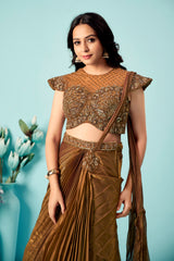 Antique Bronze Pre-Draped Saree Gown with Embellished Blouse