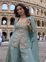 Steel Blue Gold Embroidered Palazzo Couture Ensemble