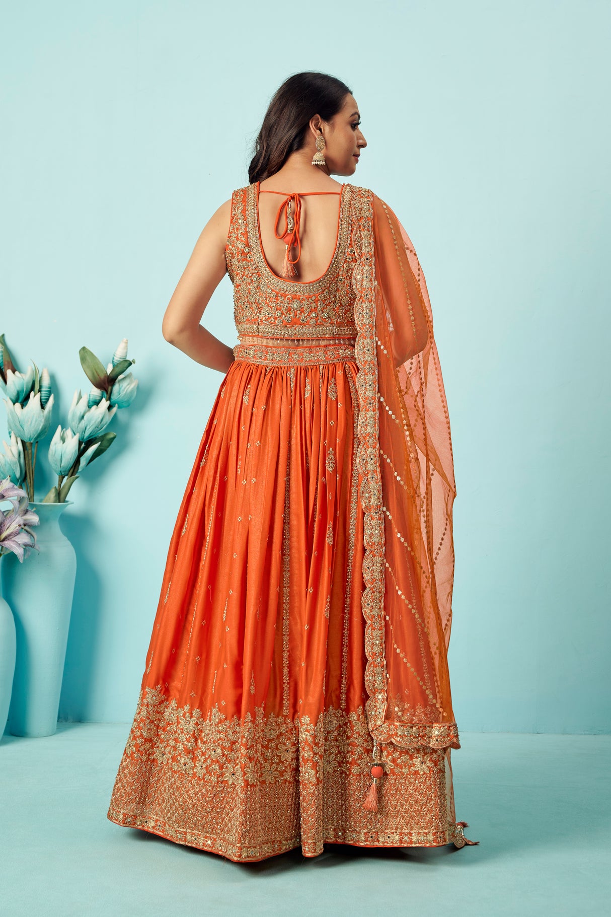 Tangerine Orange Raw Silk Bridal Lehenga Set with Heavy Zardozi Embroidery & Sequin Mesh Dupatta