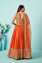 Tangerine Orange Raw Silk Bridal Lehenga Set with Heavy Zardozi Embroidery & Sequin Mesh Dupatta