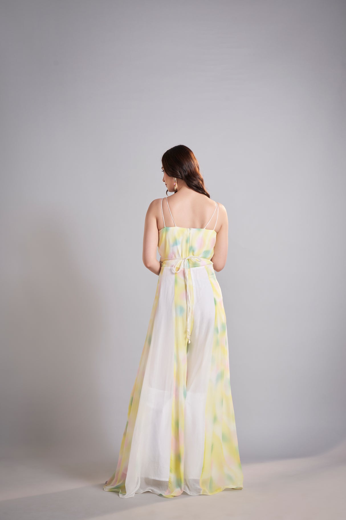 Metallic Ivory Embellished Tank with Pastel Watercolor Maxi Skirt Ensemble – Elegant Ethereal Bridal Lehenga
