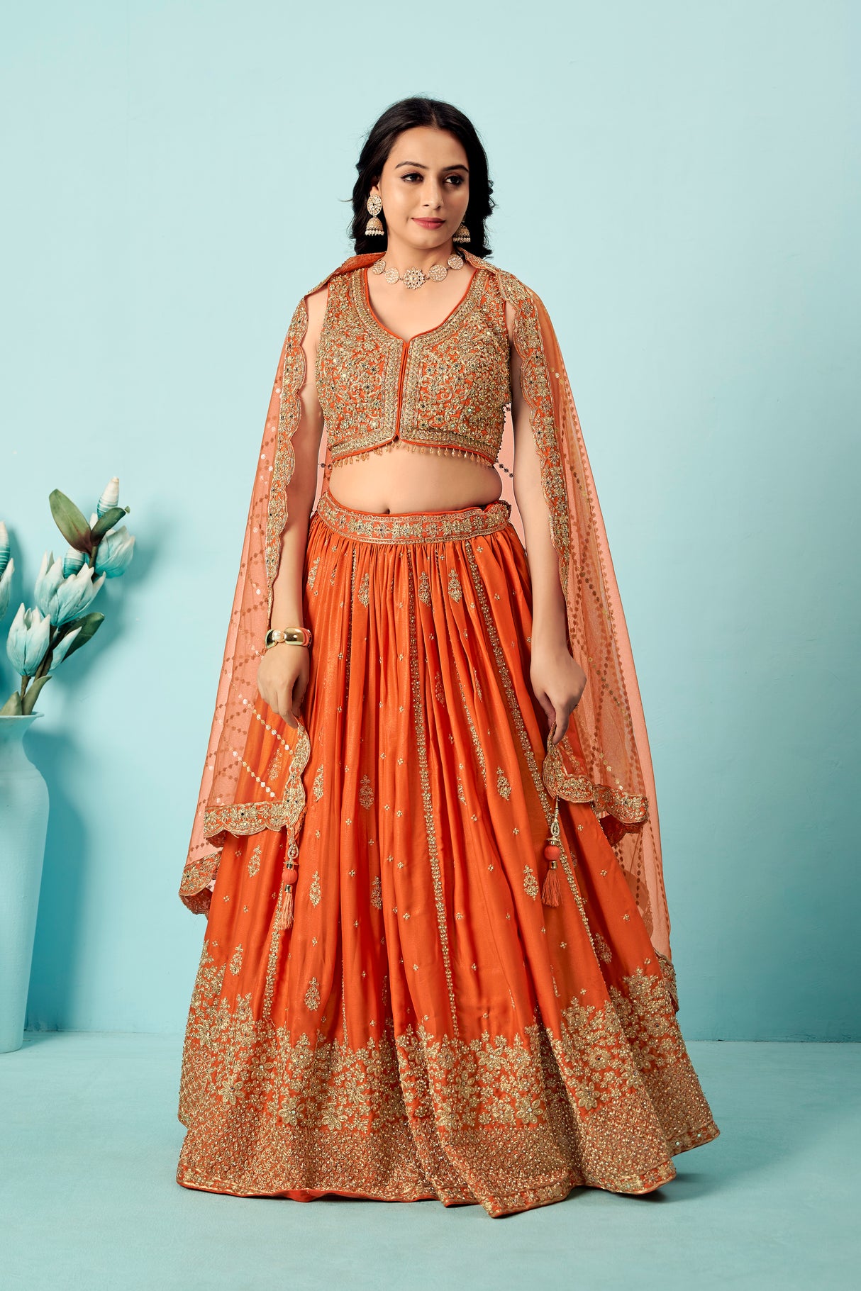 Tangerine Orange Raw Silk Bridal Lehenga Set with Heavy Zardozi Embroidery & Sequin Mesh Dupatta