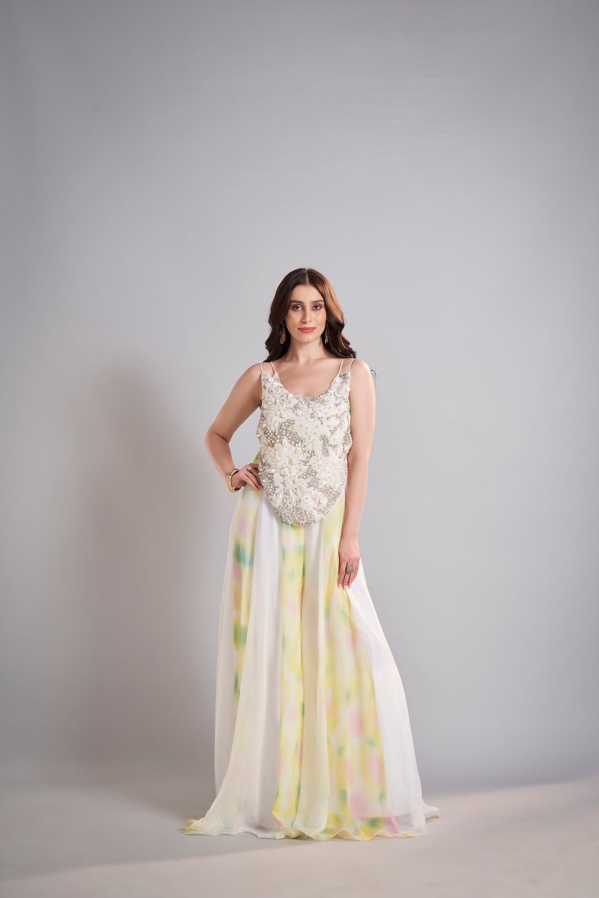 Metallic Ivory Embellished Tank with Pastel Watercolor Maxi Skirt Ensemble – Elegant Ethereal Bridal Lehenga