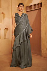 Charcoal Ruffle-Draped Ethnic Set – Dramatic Elegance with Modern Edge