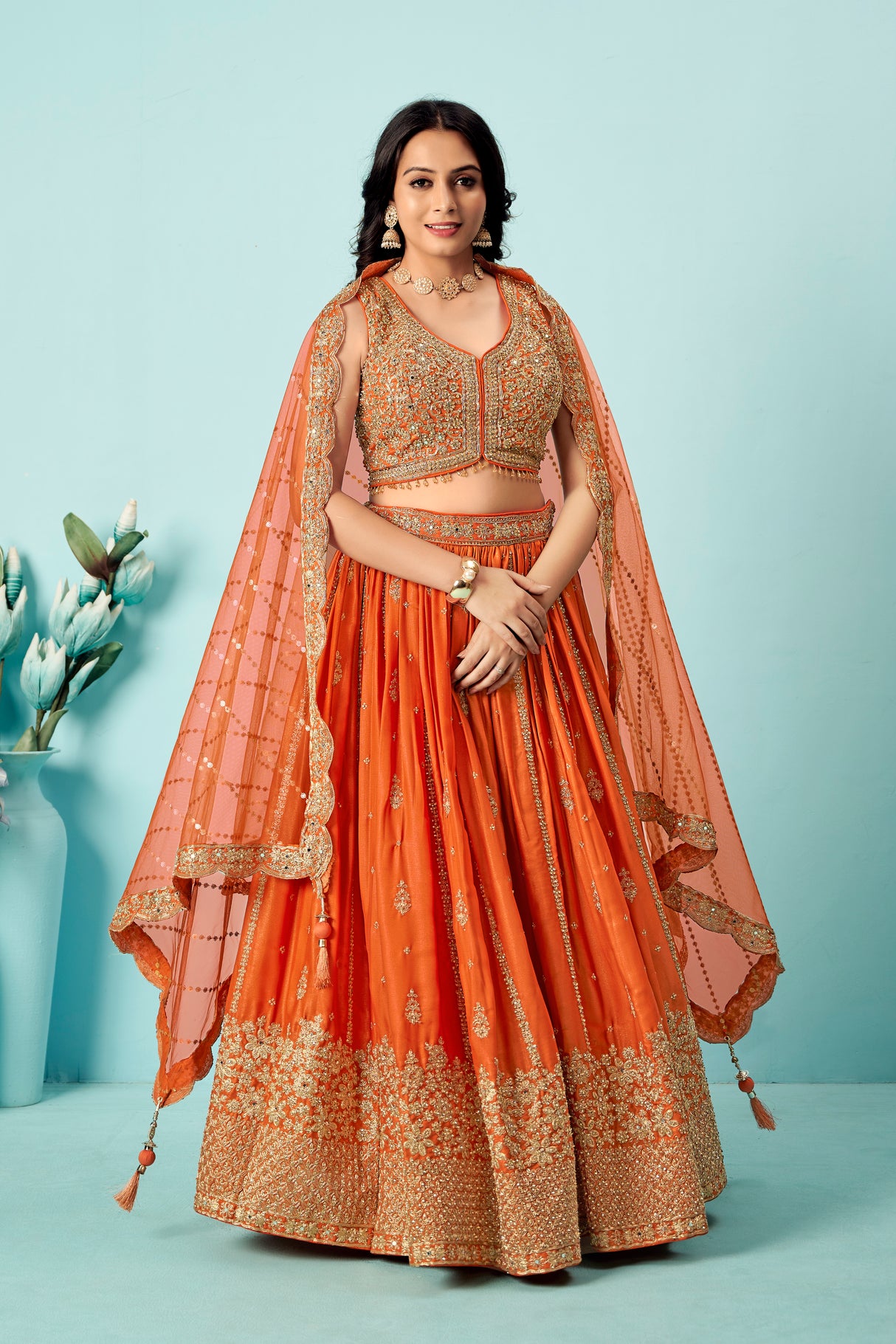 Tangerine Orange Raw Silk Bridal Lehenga Set with Heavy Zardozi Embroidery & Sequin Mesh Dupatta