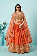 Tangerine Orange Raw Silk Bridal Lehenga Set with Heavy Zardozi Embroidery & Sequin Mesh Dupatta