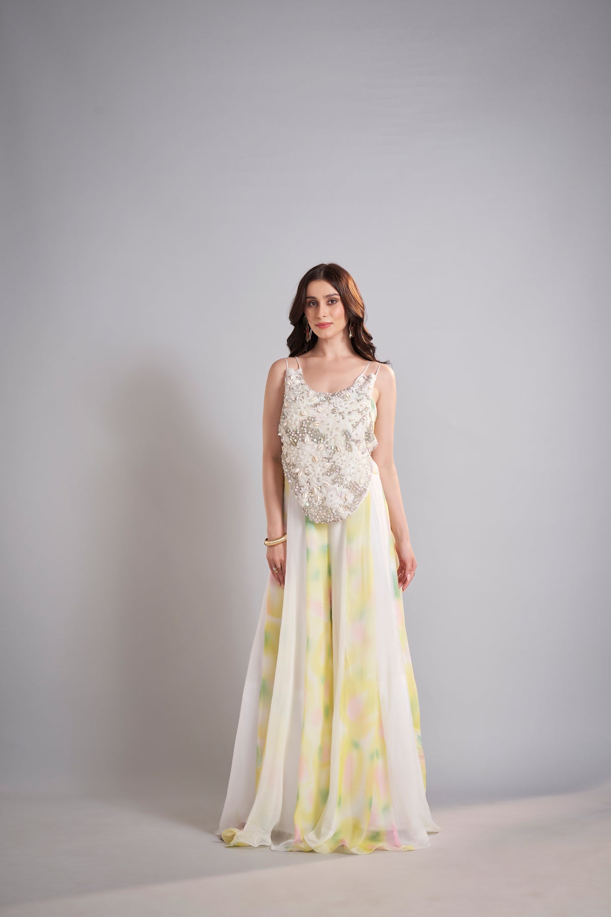 Metallic Ivory Embellished Tank with Pastel Watercolor Maxi Skirt Ensemble – Elegant Ethereal Bridal Lehenga