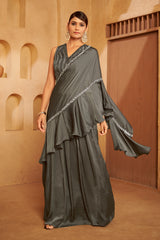 Charcoal Ruffle-Draped Ethnic Set – Dramatic Elegance with Modern Edge