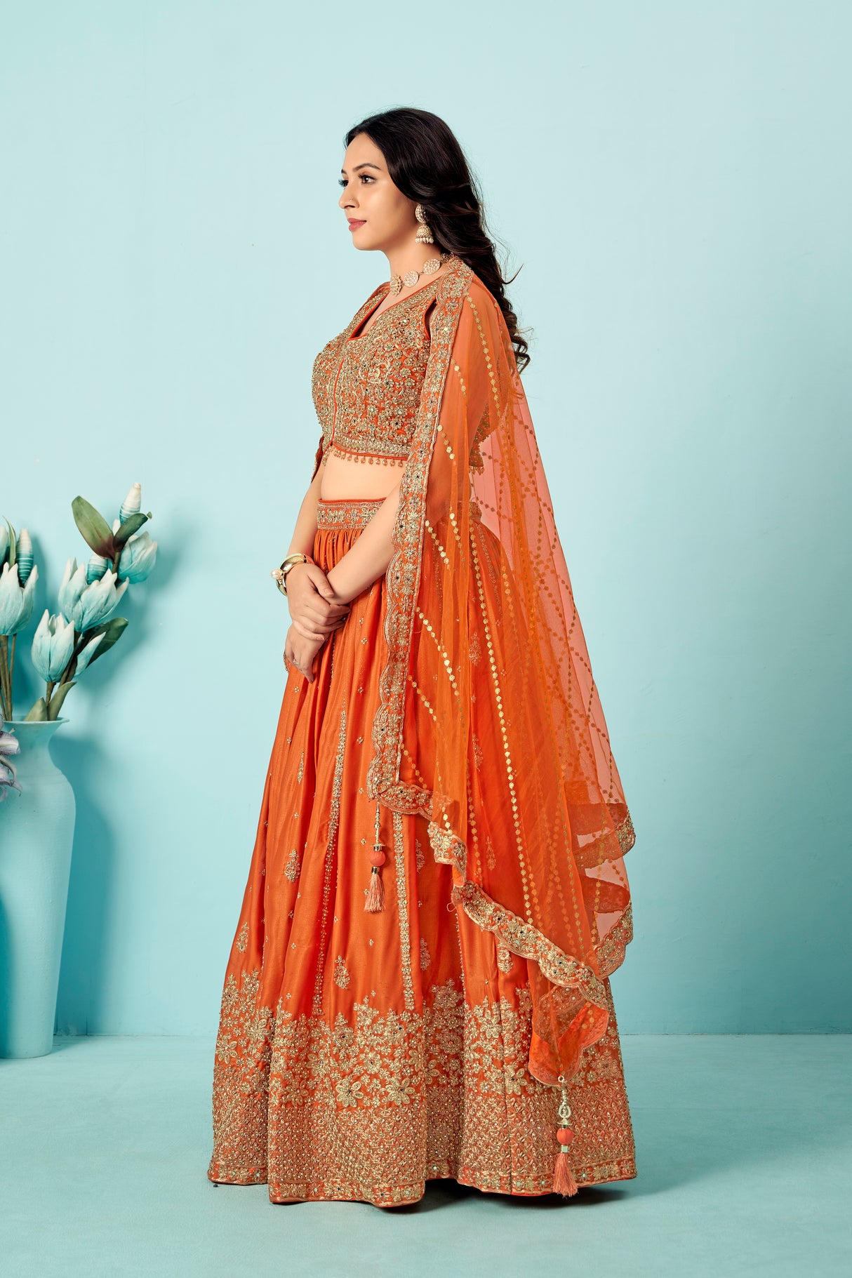 Tangerine Orange Raw Silk Bridal Lehenga Set with Heavy Zardozi Embroidery & Sequin Mesh Dupatta