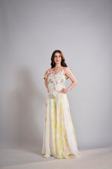 Metallic Ivory Embellished Tank with Pastel Watercolor Maxi Skirt Ensemble – Elegant Ethereal Bridal Lehenga
