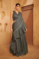 Charcoal Ruffle-Draped Ethnic Set – Dramatic Elegance with Modern Edge