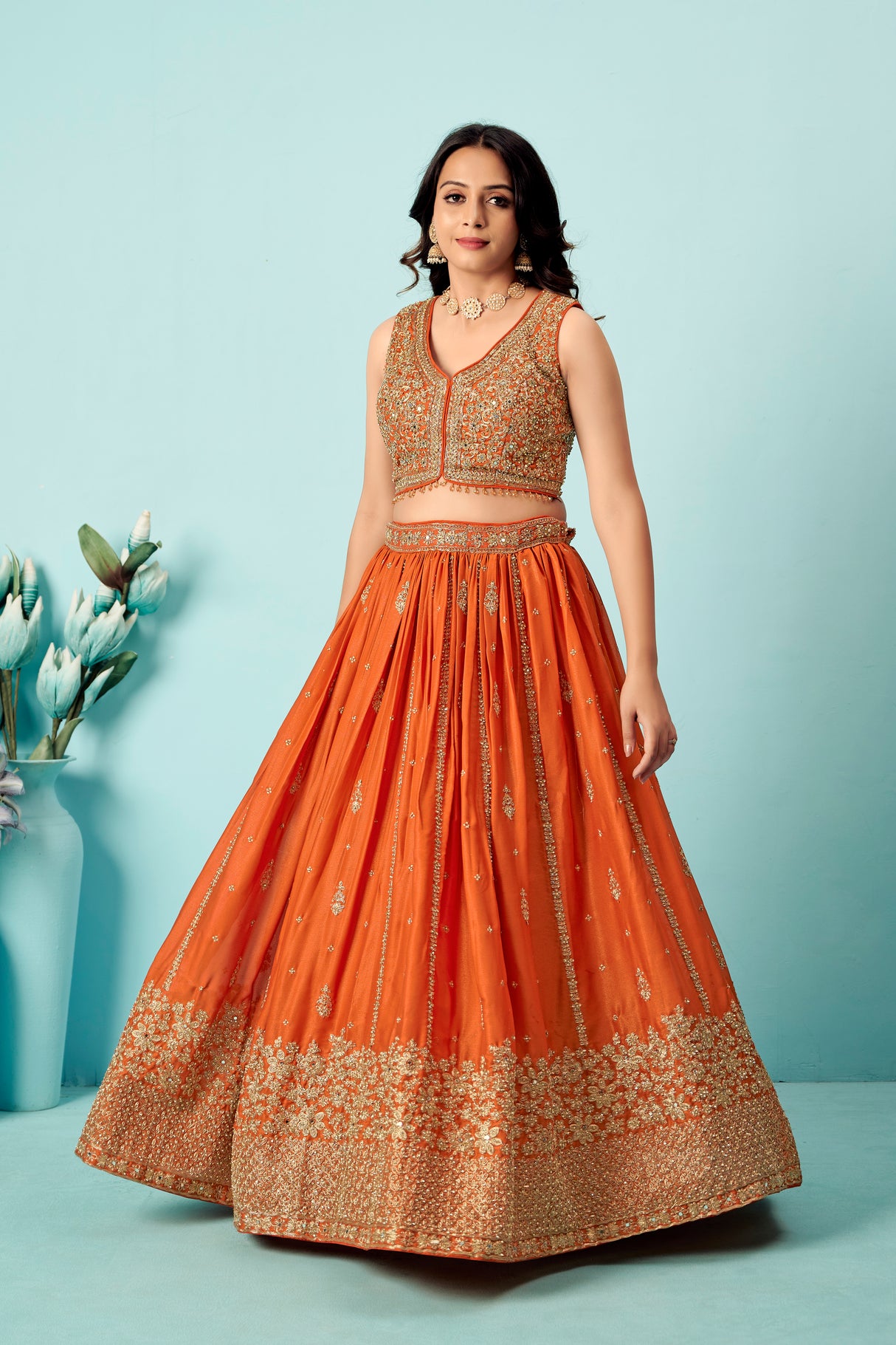 Tangerine Orange Raw Silk Bridal Lehenga Set with Heavy Zardozi Embroidery & Sequin Mesh Dupatta