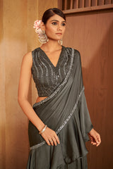 Charcoal Ruffle-Draped Ethnic Set – Dramatic Elegance with Modern Edge