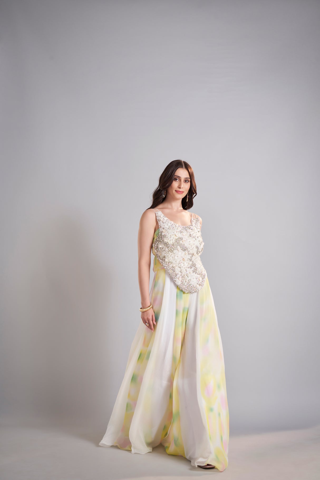Metallic Ivory Embellished Tank with Pastel Watercolor Maxi Skirt Ensemble – Elegant Ethereal Bridal Lehenga