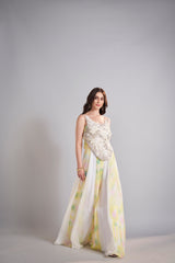 Metallic Ivory Embellished Tank with Pastel Watercolor Maxi Skirt Ensemble – Elegant Ethereal Bridal Lehenga