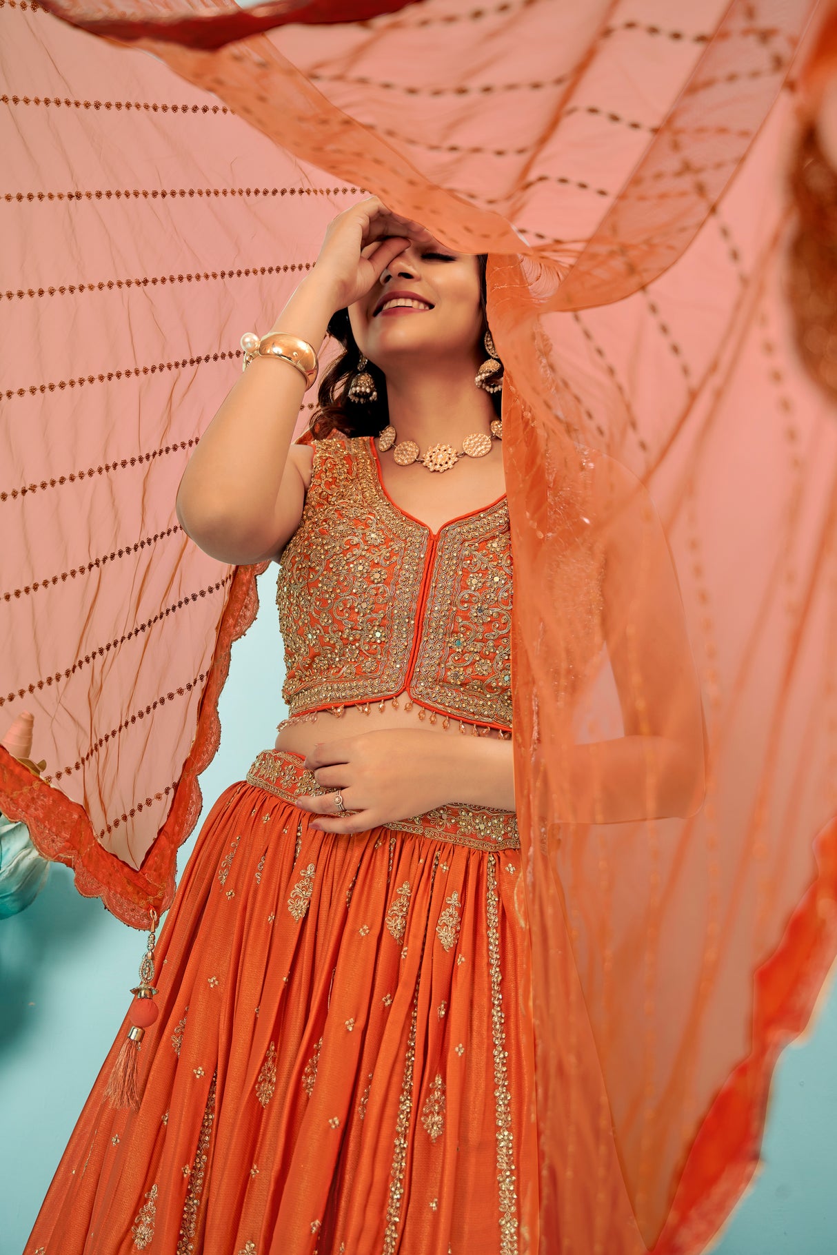Tangerine Orange Raw Silk Bridal Lehenga Set with Heavy Zardozi Embroidery & Sequin Mesh Dupatta