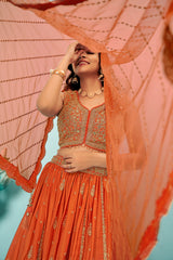 Tangerine Orange Raw Silk Bridal Lehenga Set with Heavy Zardozi Embroidery & Sequin Mesh Dupatta