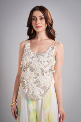 Metallic Ivory Embellished Tank with Pastel Watercolor Maxi Skirt Ensemble – Elegant Ethereal Bridal Lehenga