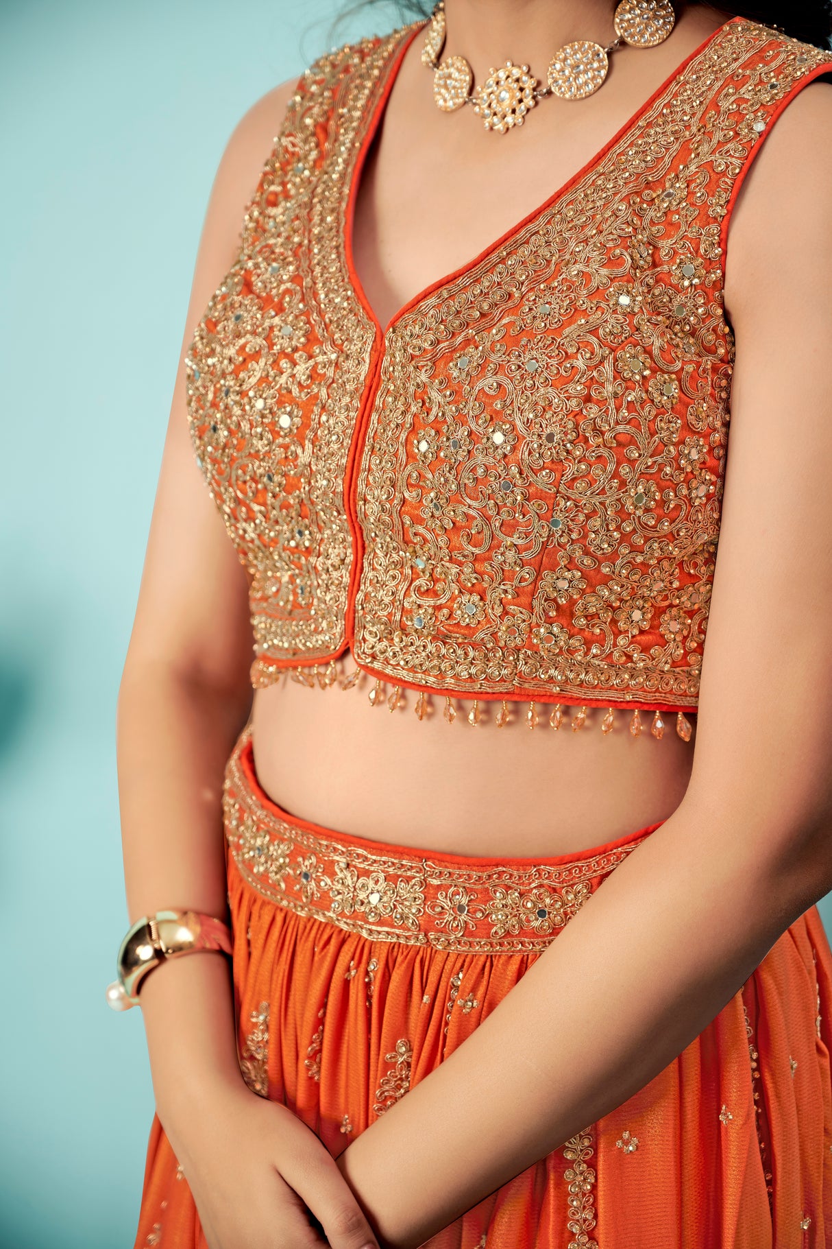 Tangerine Orange Raw Silk Bridal Lehenga Set with Heavy Zardozi Embroidery & Sequin Mesh Dupatta