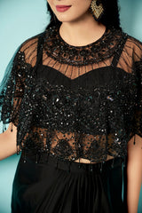 Midnight Black Sequin Cape Blouse & Draped Satin Dhoti Skirt Set