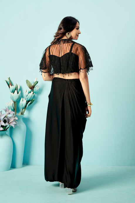 Midnight Black Sequin Cape Blouse & Draped Satin Dhoti Skirt Set