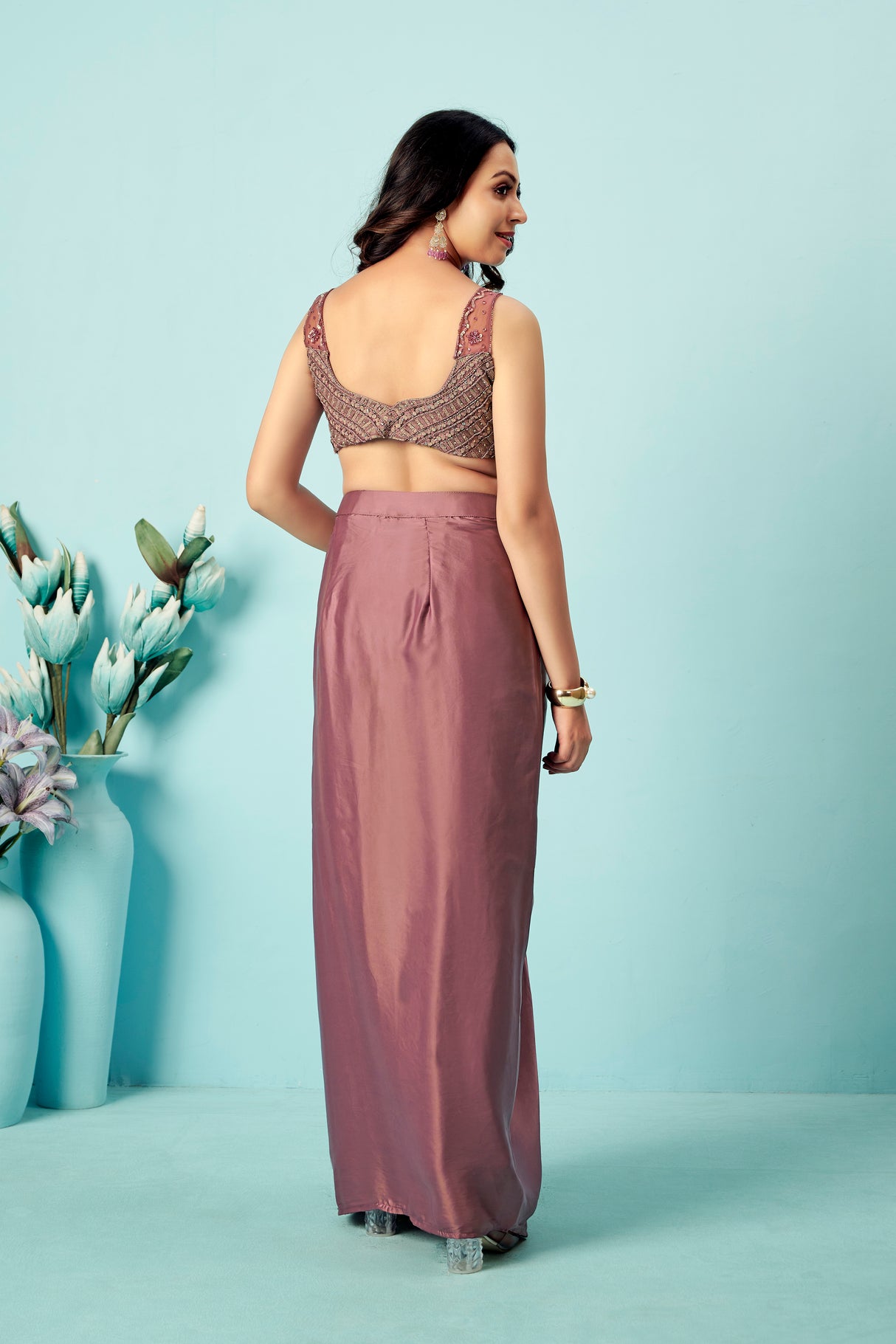 Mauve Draped Satin Saree Gown with Embroidered Scallop Blouse & Cape Pallu – Indo-Western Cocktail & Wedding Wear