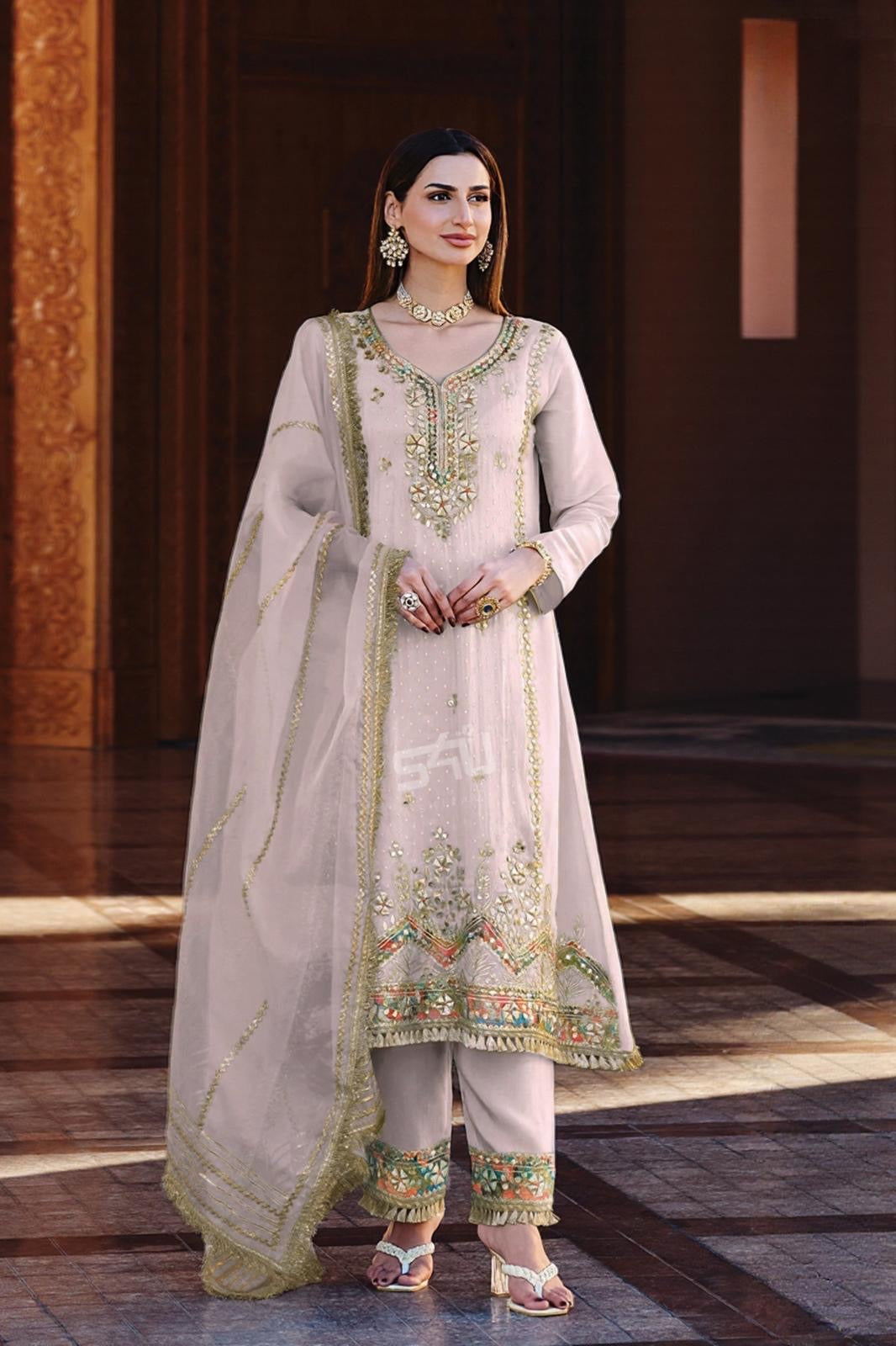 Ivory Gold Hand-Crafted Straight Suit with Dupatta | Label S4U