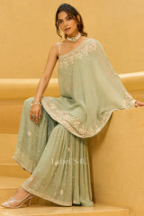 Sage Green One-Shoulder Handcrafted Sharara Set | Label S4U