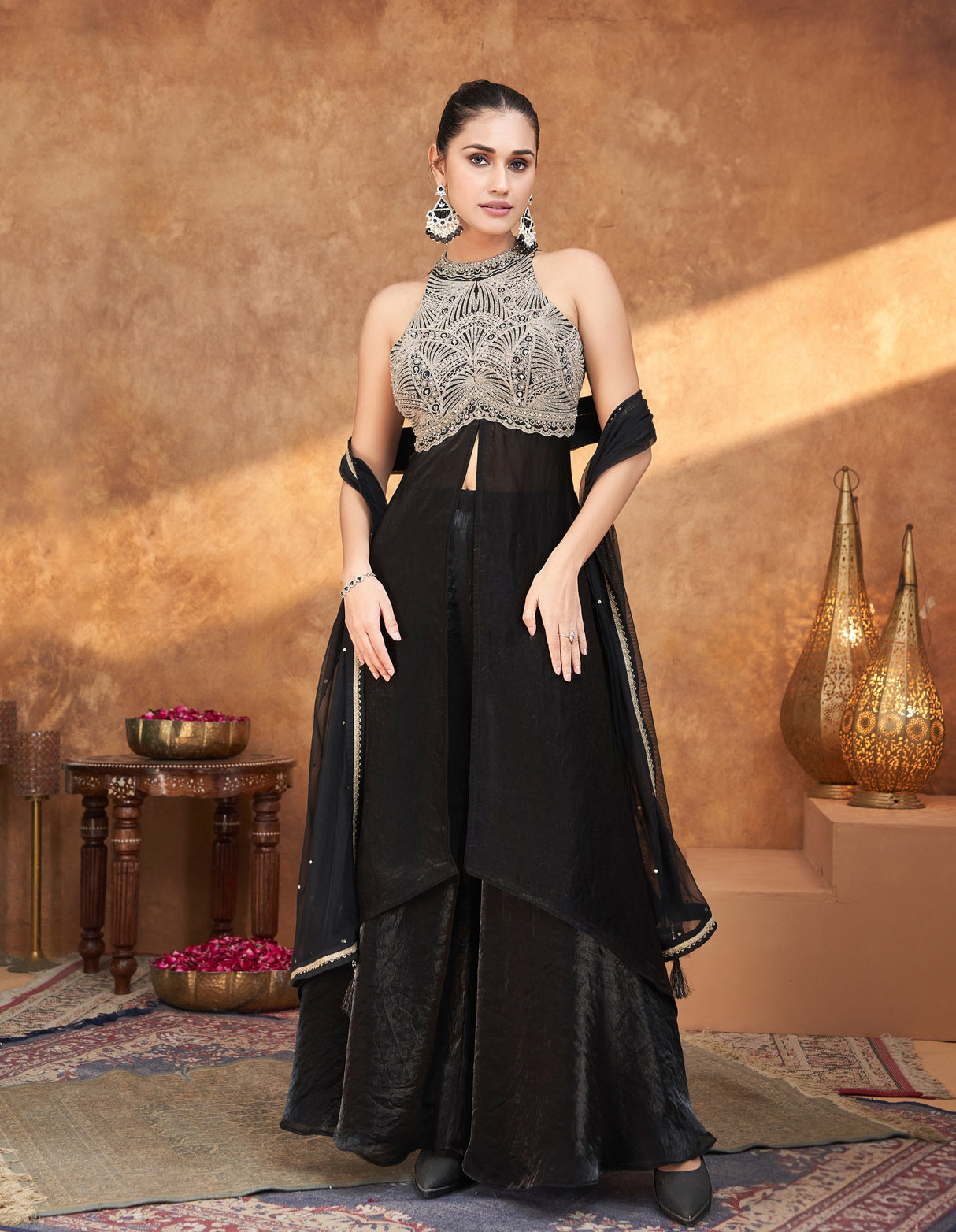 Black & Silver Halter Embroidered Layered Gown Set