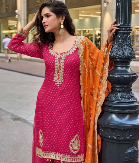 Rani Pink & Orange Embroidered Kurta Set