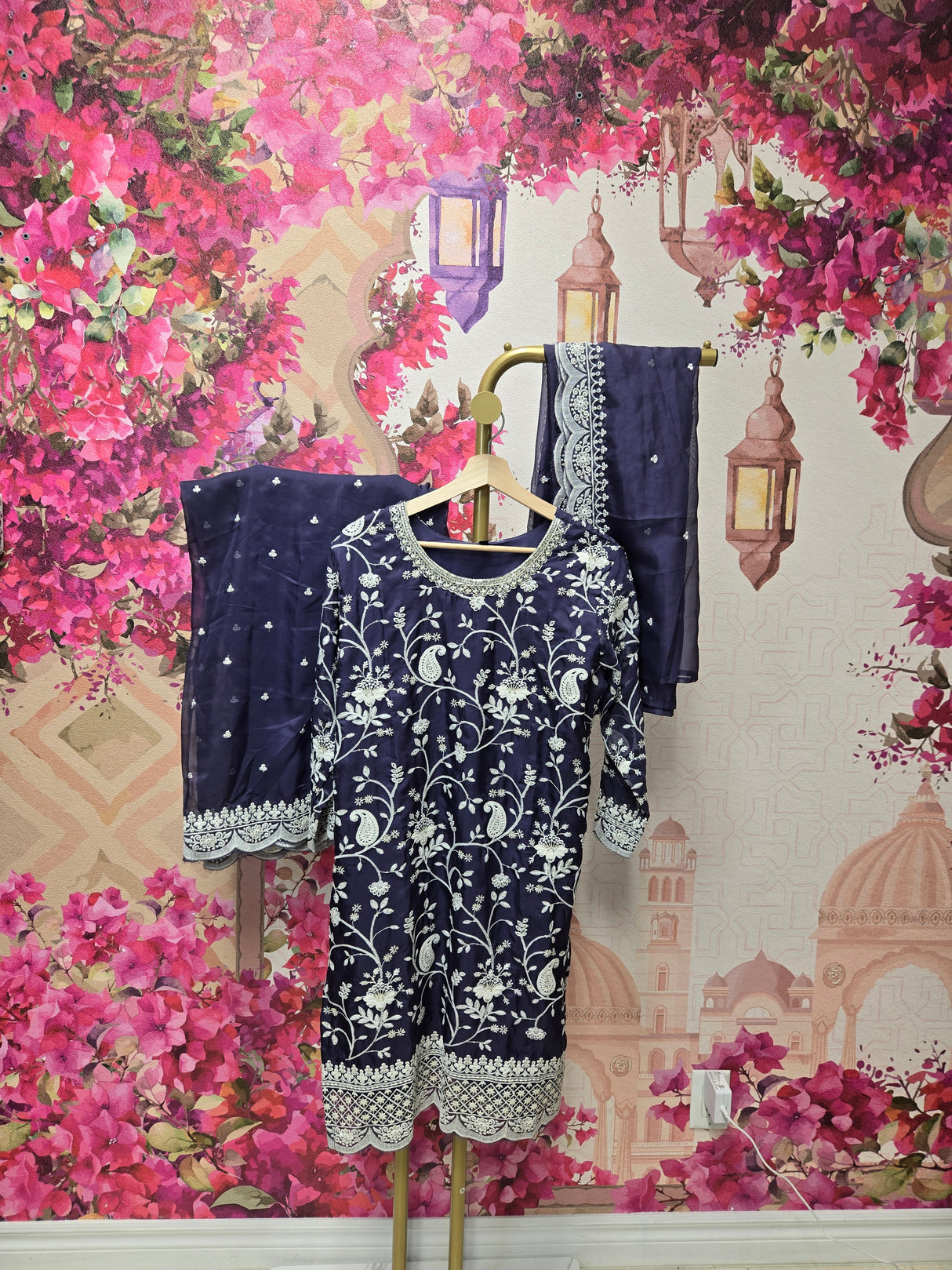 Navy Blue Embroidered Kurta with Dupatta