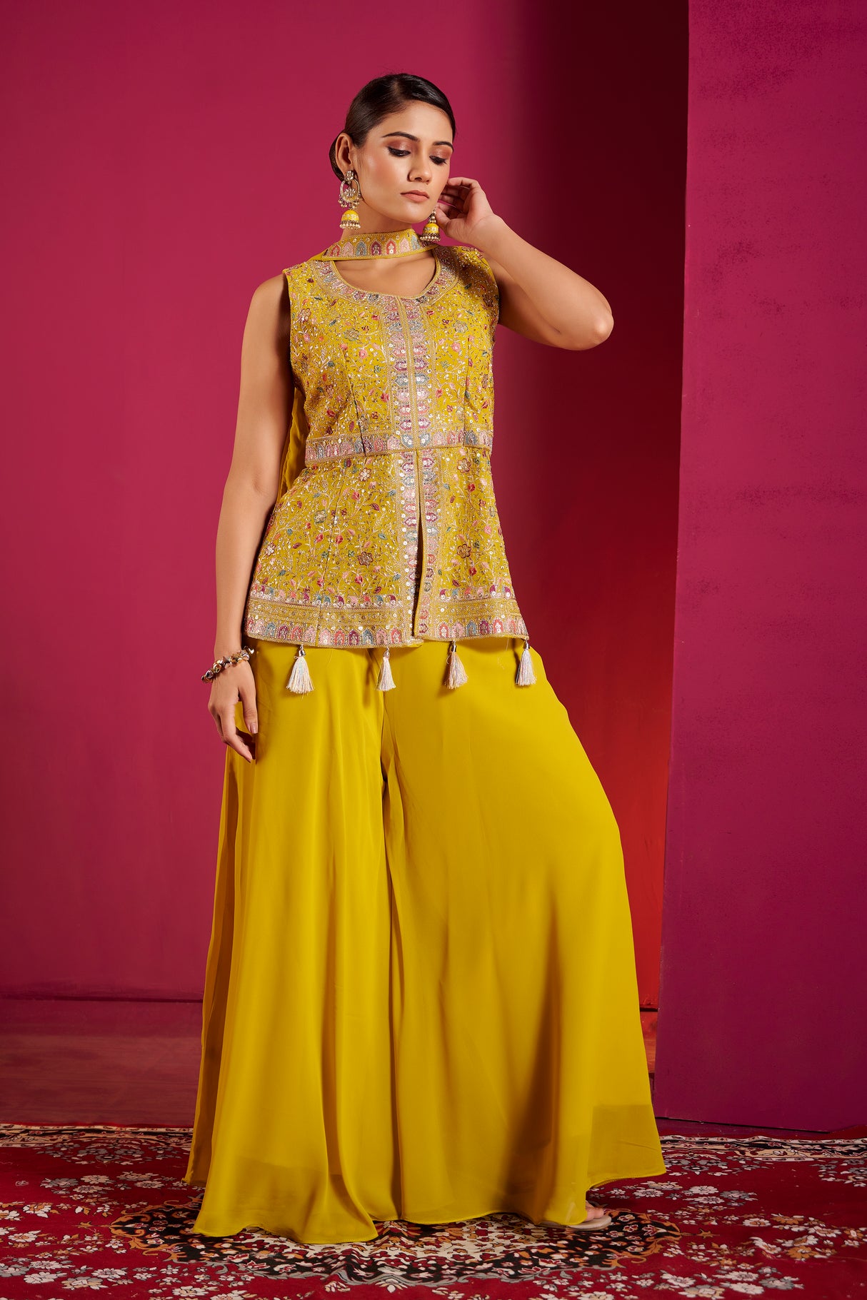 Sunshine Yellow Mirror Work Sharara Set – Radiant Festive Ensemble with Traditional Charm