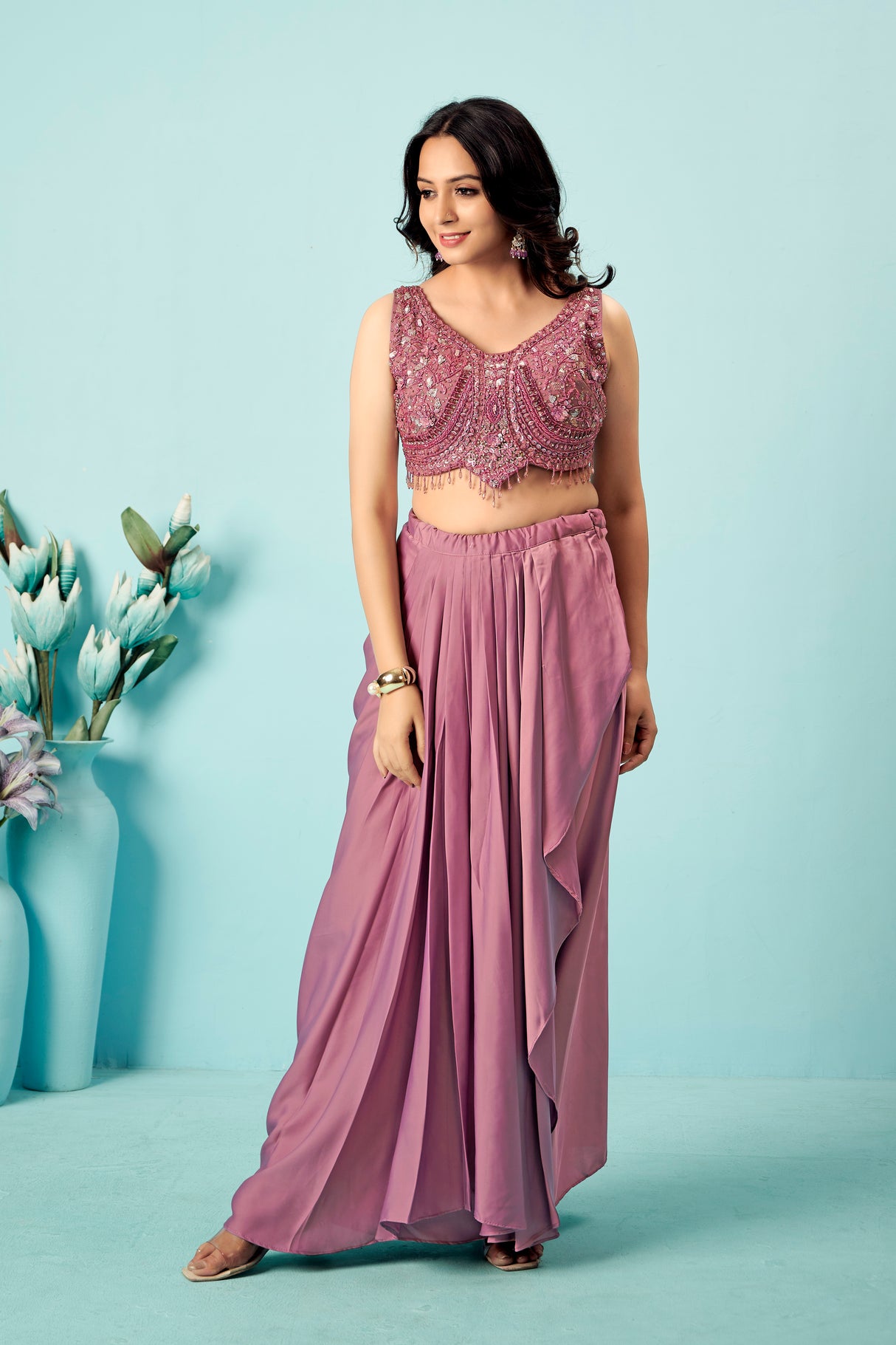 Pink Embellished Pre-Draped Georgette Saree with Sequin Blouse & Sheer Cape