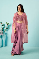 Pink Embellished Pre-Draped Georgette Saree with Sequin Blouse & Sheer Cape