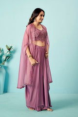 Pink Embellished Pre-Draped Georgette Saree with Sequin Blouse & Sheer Cape