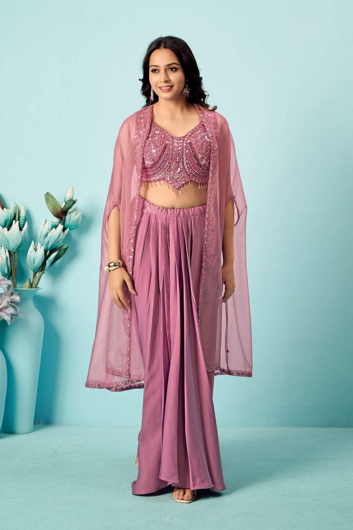 Pink Embellished Pre-Draped Georgette Saree with Sequin Blouse & Sheer Cape