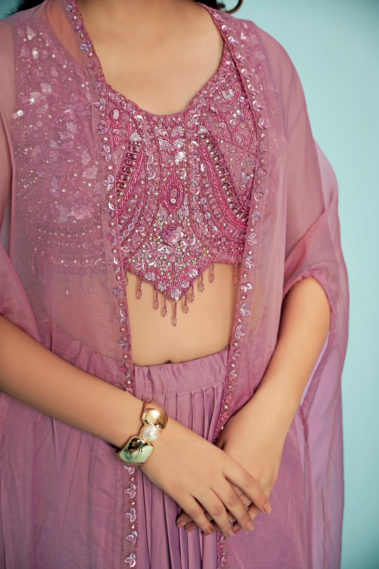 Pink Embellished Pre-Draped Georgette Saree with Sequin Blouse & Sheer Cape