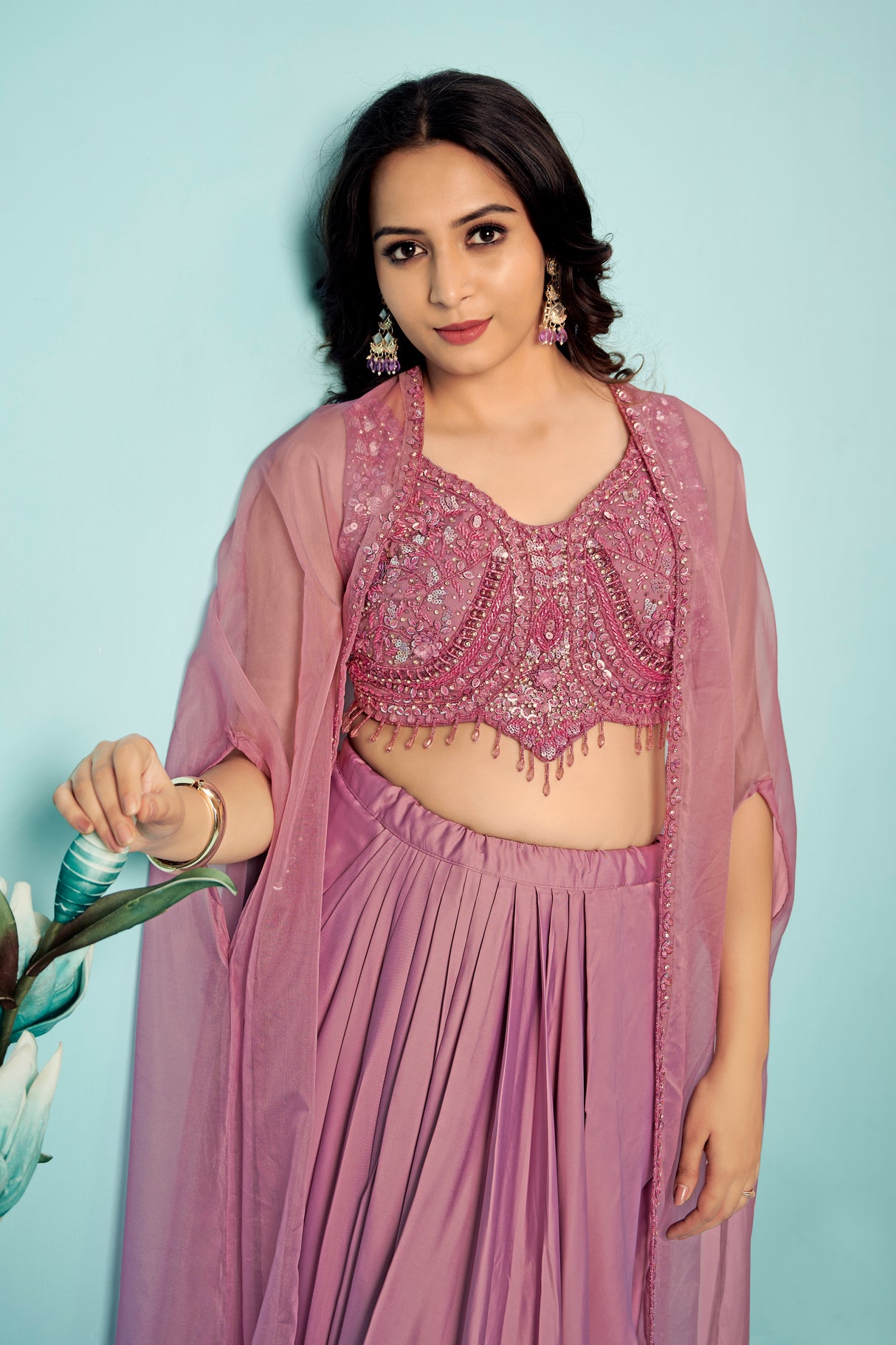 Pink Embellished Pre-Draped Georgette Saree with Sequin Blouse & Sheer Cape