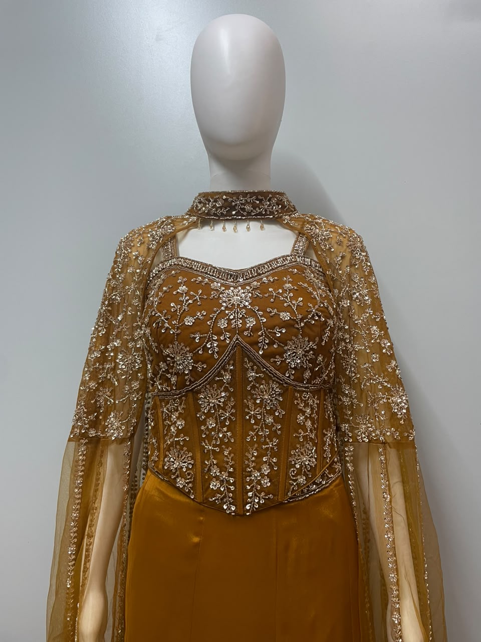 Burnt Orange Embellished Cape Gown Ensemble