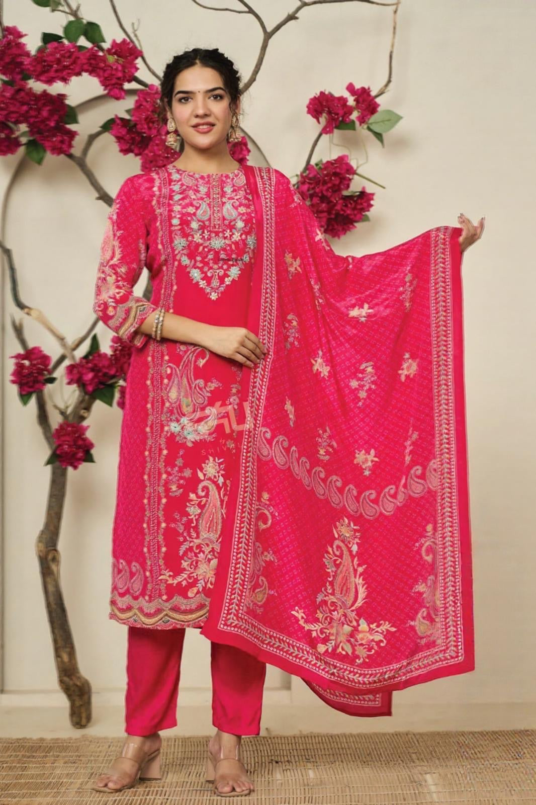 Hot Pink Floral Kurta with Dupatta Set | Label S4U