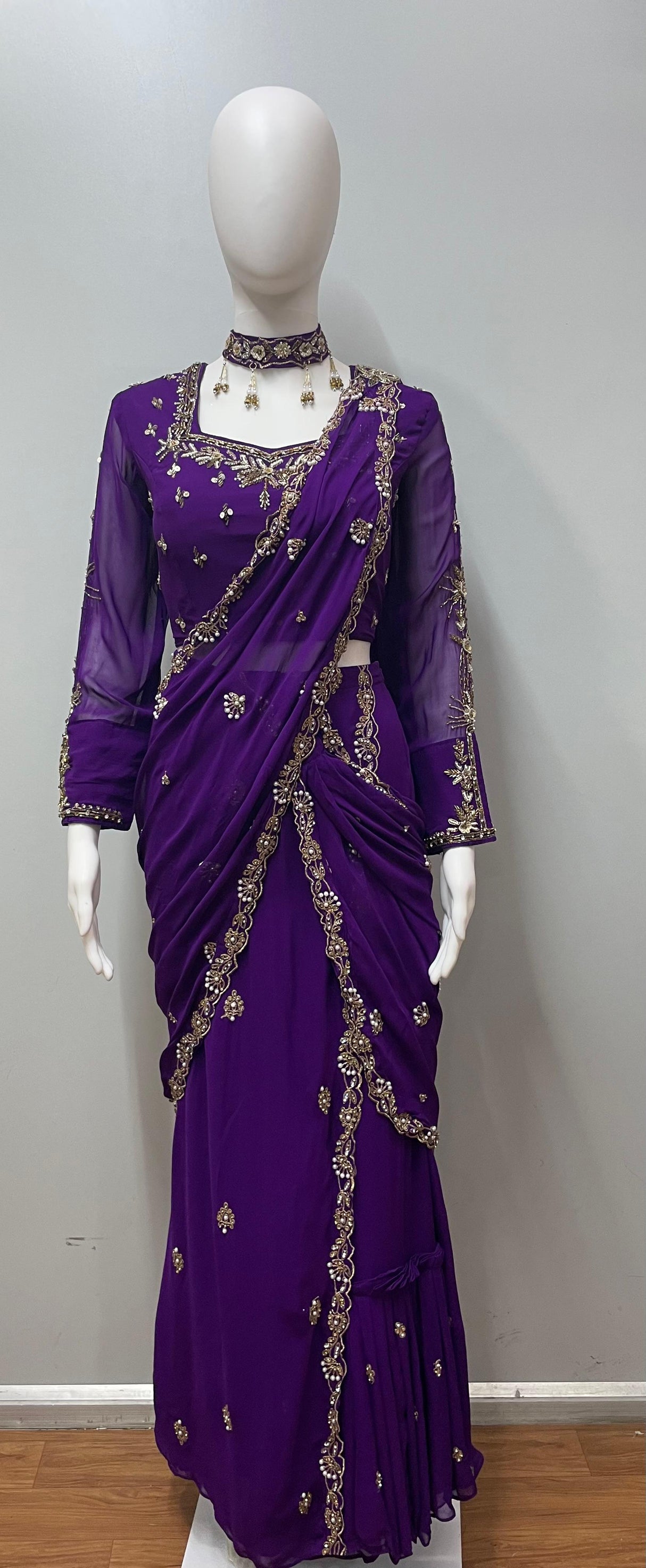 Royal Purple Gold Draped Saree Ensemble