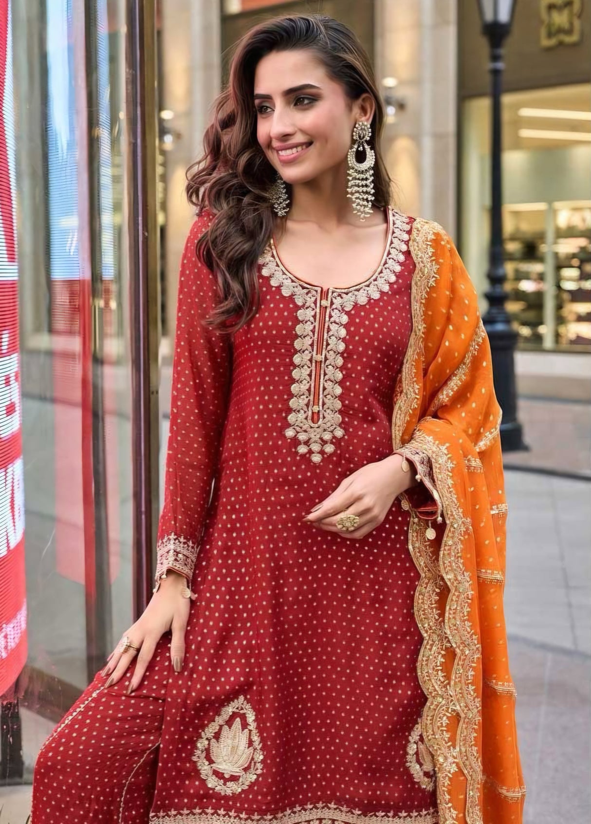 Deep Maroon & Orange Embroidered Kurta Set