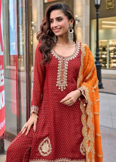 Deep Maroon & Orange Embroidered Kurta Set