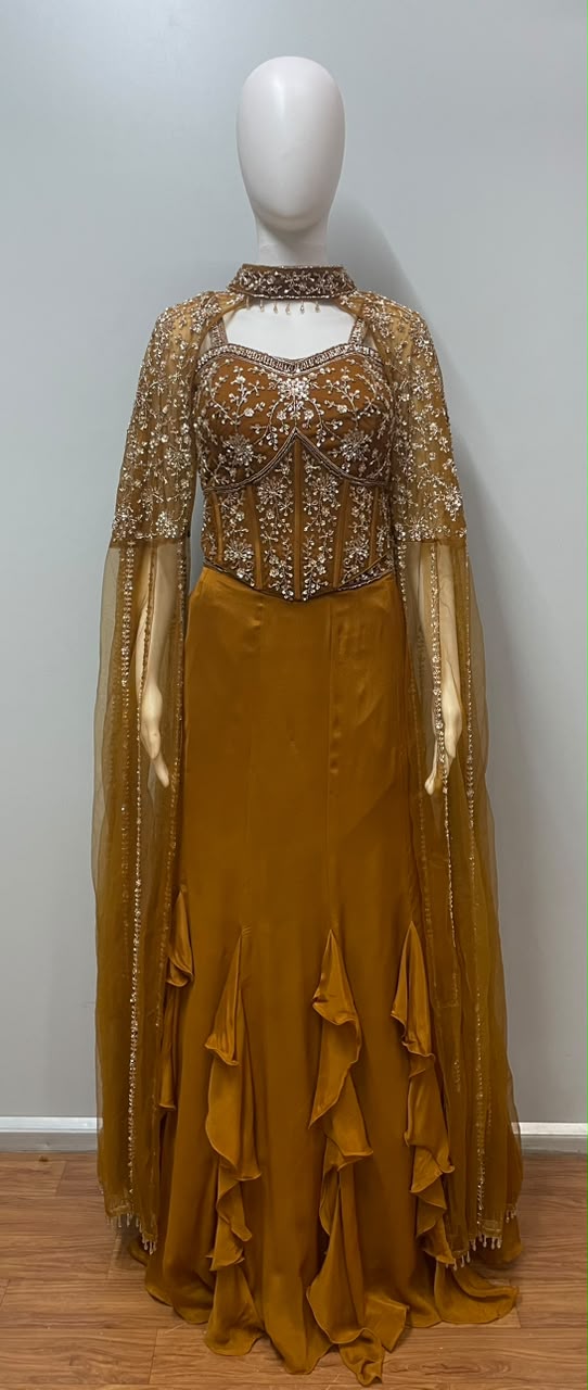 Burnt Orange Embellished Cape Gown Ensemble