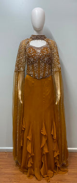 Burnt Orange Embellished Cape Gown Ensemble