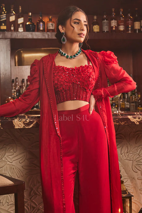 Crimson Rose Embellished Cape Sharara Set